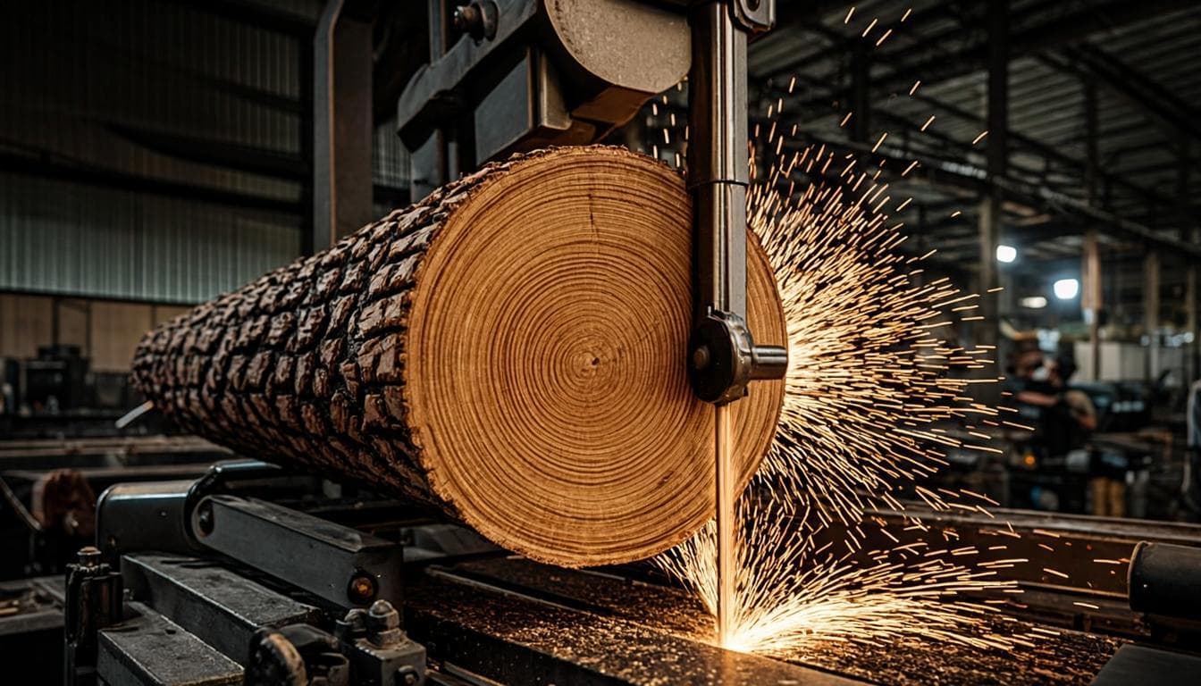 Máquina de serração industrial a cortar um tronco